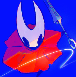 2_horns ambiguous_gender anthro cloak clothed clothing empty_eyes holding_melee_weapon holding_object holding_weapon horn melee_weapon red_cloak red_clothing solo thread weapon blipbugbug hollow_knight_(franchise) team_cherry hornet_(hollow_knight) arthropod female_(lore)
