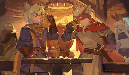 alcohol anthro beverage blush cape clothed clothing drinking drinking_contest duo_focus fantasy fluffy fluffy_tail fur grey_body grey_fur group kemono male medieval melee_weapon multicolored_body multicolored_fur pointy_ears red_body red_fur scabbard shirt sword tail tavern topwear tunic two_tone_body two_tone_fur weapon white_body white_fur n16_furry canid canine canis fox mammal wolf 2025 absurd_res hi_res