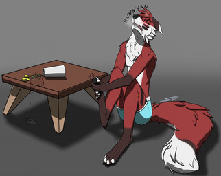 anthro blush bodily_fluids feet fluffy fluffy_tail furniture humor male open_mouth pain pawpads saliva sitting solo table tail superfrodo canid canine fox mammal 2018