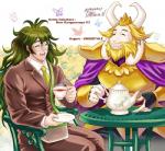 anthro armor beard beverage bottomwear cape chair clothed clothing crown duo eyes_closed eyewear facial_hair furniture glasses hair happy headgear horn king long_hair male manly mature_anthro mature_male necktie open_mouth pants royalty sharp_teeth sitting smile suit tea teapot teeth tongue pamvary danganronpa danganronpa_v3 spike_chunsoft undertale undertale_(series) asgore_dreemurr gonta_gokuhara arthropod boss_monster_(undertale) bovid butterfly caprine human insect lepidopteran mammal crossover