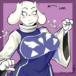 2_horns 4_fingers anthro big_breasts black_eyebrows black_text blush blushing_profusely bodily_fluids border breast_expansion breasts claws clothed clothed_anthro clothed_female clothing constricted_pupils curved_eyebrows directional_arrow expansion eyebrows eyelashes female finger_claws fingers floppy_ears fur fur_tuft head_tuft horn impact_lines iris light_body light_fur long_eyelashes looking_at_self looking_down looking_down_at_self lop_ears mature_anthro mature_female monotone_body monotone_fur motion_lines mouth_closed multicolored_clothing multicolored_robe outside_border pink_blush poof_effect print_clothing print_robe pupils purple_background purple_border red_eyes robe short_horn simple_background small_horn small_pupils solo sound_effects standing surprised sweat sweatdrop text three-quarter_view tuft white_body white_claws white_ears white_fur white_horn white_sclera majorlyeclipsed undertale_(series) toriel boss_monster_(undertale) bovid caprine goat mammal 1:1 2025 artist_name digital_drawing_(artwork) digital_media_(artwork) english_text
