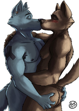 anthro areola armpit_hair biped blush blush_lines body_hair butt butt_grab duo ear_piercing ear_ring eyes_closed hand_on_butt hug kiss_on_lips kissing male male/male male_anthro muscular muscular_anthro muscular_male nipples nude nude_anthro nude_male pecs piercing raised_tail ring_piercing tail tattoo tribal tribal_tattoo alphasabre ansel_(alphasabre) silas_(alphasabre) canid canine canis mammal wolf 2026 hi_res
