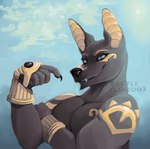 anthro facial_piercing gold_(metal) gold_jewelry jewelry male nose_piercing pecs piercing solo beetlelegs2003 adastra adastra_(series) echo_project neferu_(adastra) anubian_jackal canid canine canis jackal mammal hi_res