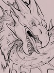 ambiguous_gender fangs feral frill_(anatomy) horn neck_frill neck_spikes open_mouth pupils simple_background slit_pupils solo teeth khyaber mythology dragon mythological_creature mythological_scalie scalie 2022 dated hi_res monochrome signature