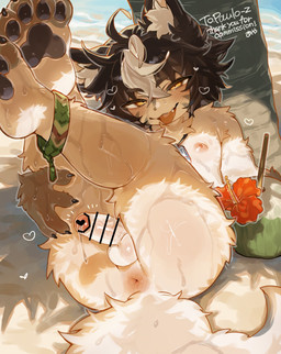 anthro anus balls big_butt big_penis blush butt censor_bar femboy fur genitals heart_symbol humanoid_genitalia humanoid_penis lying male nude on_back outside pawpads paws penis sand solo tail white_body white_fur yellow_eyes aya_ryona canid canine canis domestic_dog mammal censored hi_res