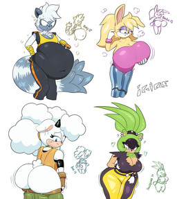 anthro belly belly_expansion big_belly big_breasts big_butt breast_expansion breasts butt butt_expansion chest_tuft cleavage clothed clothing cybernetics ear_piercing expansion female female_anthro group hip_expansion horn huge_belly huge_breasts huge_butt machine piercing tuft wide_hips ic-icle idw_publishing sega sonic_the_hedgehog_(comics) sonic_the_hedgehog_(idw) sonic_the_hedgehog_(series) bunnie_rabbot lanolin_the_sheep_(sonic) surge_the_tenrec tangle_the_lemur afrosoricid bovid caprine cyborg lagomorph lemur leporid mammal primate rabbit ring-tailed_lemur sheep strepsirrhine tenrec hi_res