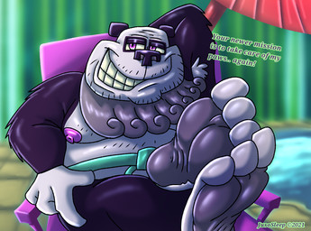 anthro armpit_hair bamboo bamboo_forest body_hair chair feet foot_fetish foot_focus forest furniture male master overweight plant raised_arm relaxing solo swimming_pool tree umbrella jusosleep yin_yang_yo! master_yo bear giant_panda mammal