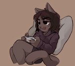 anthro brown_hair clothed clothed_anthro clothing concentration console controller female fur game_controller gaming glistening_eyelids grey_body grey_fur hair hoodie pillow sitting solo tail tongue tongue_out topwear cigarette_kitty ciggy_(cigarette_kitty) domestic_cat felid feline felis mammal 2022 digital_drawing_(artwork) digital_media_(artwork) hi_res trans_(lore) trans_woman_(lore)