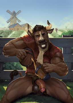 alcohol anthro balls beer beverage bottomwear clothing container cup farm flaccid foreskin fur genitals grass hair holding_container holding_cup holding_mug holding_object horn humanoid_genitalia humanoid_penis keg loincloth male male_anthro mug muscular muscular_anthro muscular_male outside outside_exposure partially_retracted_foreskin pecs penis plant sky spread_legs spreading tail teeth topwear windmill satanic_monkey bovid bovine cattle equid equine mammal digital_media_(artwork) hi_res