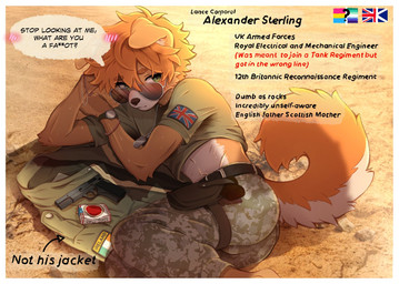 anthro arm_tuft aviator_glasses black_nose bodily_fluids border bottomwear butt camo camo_bottomwear camo_clothing camo_pants camo_print cigarette_box clock clothing countershade_face countershade_fur countershade_tail countershade_torso countershading curled_tail description detailed_background dialogue directional_arrow dog_tags elbow_tuft eyelashes eyewear floppy_ears fur glasses green_bottomwear green_clothing green_eyes green_pants green_shirt green_topwear gun hair holster homophobic_slur information insult insulting_viewer irish_flag jacket lgbt_pride looking_at_viewer lying male midriff military multicolored_body multicolored_fur orange_body orange_fur orange_hair pansexual_pride_colors pants pattern_bottomwear pattern_clothing pattern_pants pride_colors ranged_weapon shirt solo speech_bubble sweat tail talking_to_viewer text topwear tuft union_jack vincian_pride_colors watch weapon wearing_glasses white_body white_border white_countershading wristwatch loserartgirl alexander_sterling canid canine canis domestic_dog mammal 2026 artist_name digital_drawing_(artwork) digital_media_(artwork) english_text model_sheet