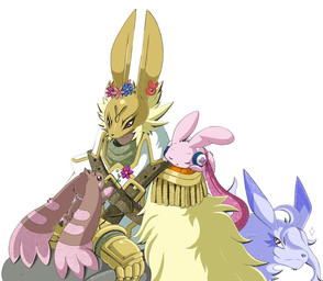 anthro armor blonde_hair brown_body brown_fur electronics feral fur group hair hair_over_eye headgear headphones helmet long_ears male mask pink_body pink_fur scarf white_body white_fur portugueselynx bandai_namco digimon animal_humanoid canid canine cutemon diarbbitmon digimon_(species) fox humanoid lagomorph lagomorph_humanoid leporid_humanoid lopmon mammal mammal_humanoid rabbit_humanoid tenkomon hi_res