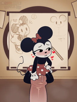 :3 anthro big_ears biped black_body black_eyes black_nose black_skin black_tail blush bodily_fluids bottomwear bow_ribbon clothed clothing drawing_(object) duo erection extreme_size_difference female flat_chested genital_fluids genitals glistening glistening_body glistening_genitalia glistening_penis glistening_skin gloves handwear heart_reaction inside long_lashes looking_aside male male/female mouse_tail pattern_bottomwear pattern_clothing pattern_skirt penis red_bottomwear red_clothing red_skirt shy sitting_on_penis size_difference skirt spots spotted_bottomwear spotted_clothing spotted_skirt tail tan_penis topless vaginal_fluids vaginal_fluids_on_penis white_clothing white_face white_gloves white_handwear x-ray_view star_rifle disney minnie_mouse human mammal mouse murid murine rodent 2026 3:4 hi_res
