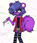 anthro blue_hair bottomwear clothing fluffy fluffy_tail hair holding_object holding_weapon hotpants knife legwear male purple_body shorts smile solo stockings tail weapon spitthesauce montyfox mammal rodent sciurid tree_squirrel hi_res