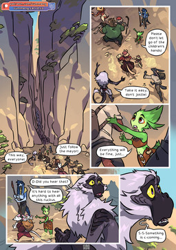 anthro armlet blue_body day dialogue female fleeing green_body group male mountain red_eyes staff tail text worried worried_look yellow_eyes yellow_sclera zummeng chili_(zummeng) nigel_(zummeng) tristan_(zummeng) ambiguous_species elvian haplorhine hybrid lagomorph leporid mammal monkey mouse murid murine primate rabbit rhinoceros rodent 2026 comic english_text parent_(lore) parent_and_child_(lore)
