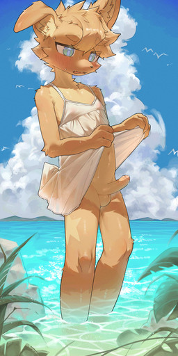 adolescent anthro balls blue_eyes blush blush_lines bodily_fluids bottomless bottomless_anthro bottomless_male clothed clothing clothing_lift crossdressing crossdressing_male dress dress_lift erection floppy_ears folded_ears foreskin fur genital_fluids genitals humanoid_genitalia humanoid_penis kemono male markings nipple_outline outside penis pointy_ears precum solo star_(marking) tan_body tan_fur translucent translucent_clothing water young young_anthro young_male sosak0622 canid canine canis domestic_dog mammal absurd_res hi_res