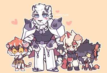 3_toes anthro barefoot black_body black_fur black_hair blue_eyes chibi clothed clothing feet female fur group hair male multicolored_body multicolored_fur multicolored_hair muscular muscular_male orange_body orange_fur orange_hair scar size_difference striped_body striped_fur stripes toes white_body white_fur white_hair sharktunarts arknights hypergryph studio_montagne aak_(arknights) hung_(arknights) mountain_(arknights) waai_fu_(arknights) canid canine canis domestic_dog felid mammal pantherine tiger absurd_res hi_res