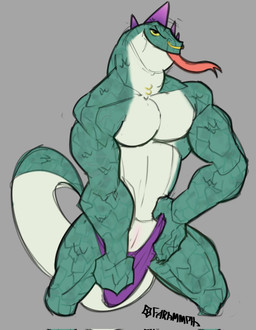 animal_genitalia anthro clothing clothing_pull facial_piercing genital_slit genitals green_body green_scales grey_background head_spikes looking_at_viewer male muscular muscular_anthro muscular_male neck_piercing nose_piercing piercing purple_spikes scales simple_background solo spikes spikes_(anatomy) tail tongue tongue_out underwear underwear_pull yellow_sclera farammph goat_(movie) sony_corporation sony_pictures modo_olachenko komodo_dragon lizard monitor_lizard reptile scalie 2026 digital_media_(artwork) hi_res sketch