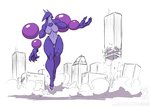 2020 anthro breasts building city cityscape claws conditional_dnp dust_cloud eyeless featureless_breasts featureless_crotch female horn jollyjack kaiju macro psychic_powers purple_body restricted_palette skyscraper solo