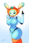 big_breasts blue_body blue_eyes blue_nipples breasts female genitals gesture hand_gesture huge_breasts looking_at_viewer machine multicolored_body nipples open_mouth orange_body pussy smile solo thick_thighs v_sign i3i2455_ivi394 dj_bouncin_beats humanoid robot robot_humanoid 2023 absurd_res hi_res