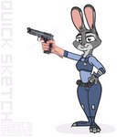 3_toes 4_fingers 5_fingers anthro armwear badge belt belt_buckle black_eyes bottomwear buckle bulletproof_vest cheek_tuft claws clothed clothing eyebrows eyelashes facial_tuft feet female fingers fur grey_body grey_fur gun hand_on_hip handgun highlights_(coloring) holding_gun holding_handgun holding_object holding_pistol holding_ranged_weapon holding_weapon humanoid_hands humor inner_ear_fluff legs_together legwear long_ears looking_at_viewer paws pink_nose pistol police police_badge police_officer police_uniform ranged_weapon short_tail simple_background simple_coloring simple_eyes smile solo standing stock_image tail toes topwear tuft uniform weapon white_background wide_hipped_female wide_hips sweet.lemons disney zootopia judy_hopps lagomorph leporid mammal rabbit 1:1 2023 colored colored_sketch digital_drawing_(artwork) digital_media_(artwork) digital_painting_(artwork) hi_res meme mixed_media painting_(artwork) photography_(artwork) shaded signature simple_shading sketch