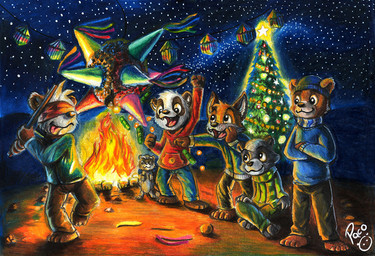 anthro black_body black_fur blue_bottomwear blue_clothing blue_pants blue_topwear bottomwear brown_body brown_bottomwear brown_clothing brown_fur brown_pants campfire candy closed_smile clothed clothing crossed_arms dessert fangs food fur glistening glistening_eyes green_bottomwear green_clothing green_pants green_topwear grey_body grey_fur group head_tuft logo male male_anthro mouth_closed open_mouth open_smile orange_body orange_fur pants pinata red_clothing red_topwear smile standing star teeth tongue tongue_out topwear tuft white_body white_fur young young_anthro young_male pandapaco art_(pandapaco) biro_(pandapaco) julio_(pandapaco) nemorio parinton bear canid canine fox giant_panda mammal procyonid raccoon artist_logo signature