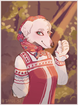 anthro biped black_nose border clothing female female_anthro fluffy folk_clothes forest forest_background fur green_eyes headscarf looking_at_viewer mature_anthro mature_female nature nature_background orange_border plant pose red_clothing red_scarf scarf smile solo standing text tree white_body white_clothing white_fur toffee_32 borzoi canid canine canis domestic_dog hunting_dog mammal sighthound 2021 artist_name colored digital_drawing_(artwork) digital_media_(artwork) hi_res shaded signature