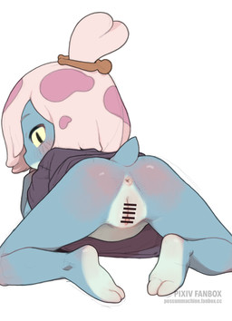 accessory anthro anus barefoot biped black_clothing black_eyes blue_body blush blush_lines bottomless butt censor_bar censored_genitalia censored_vulva clitoris clothed clothing countershade_feet countershade_genitalia countershade_torso countershade_vulva countershading eyebrows feet female genitals hair hair_accessory hair_bun ineffective_censorship loli looking_at_viewer looking_back looking_back_at_viewer multicolored_body no_underwear partially_clothed plantigrade presenting presenting_hindquarters rear_view short_hair short_tail simple_background solo tail two_tone_body vulva white_background white_body white_hair young young_anthro possummachine amphibia_(series) disney maddie_flour amphibian frog 2023 absurd_res censored hi_res