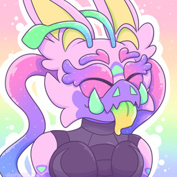 antennae_(anatomy) anthro black_clothing black_shirt black_tank_top black_topwear breasts cheek_tuft clothed clothed_anthro clothed_female clothing ear_tuft eyebrows eyelashes eyes_closed facial_markings facial_tuft female fur fur_markings green_antennae green_markings green_teeth green_tongue head_markings light markings multicolored_body multicolored_fur outline pink_body pink_fur purple_eyebrows purple_eyelashes purple_markings rainbow_background shirt simple_background solo sparklefur tank_top teeth tendrils text tongue topwear tuft tusks white_outline yellow_inner_ear gaypastabake alien loplox mammal 1:1 2025 artist_name bust_portrait colored digital_drawing_(artwork) digital_media_(artwork) english_description hi_res lighting portrait shaded