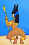 anthro balls black_hair black_nose blue_eyes breasts butt egyptian genitals gynomorph hair holding_object holding_weapon humanoid_genitalia humanoid_penis intersex jewelry kneeling looking_at_viewer mostly_nude penis perineum presenting presenting_hindquarters side_boob simple_background solo tailless weapon criminalbunnydraws egyptian_mythology middle_eastern_mythology mythology zenonzard anbs-02 anubis canid canine canis deity jackal mammal hi_res