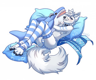 anthro black_claws black_pawpads blue_eyes blue_markings blush bottomwear bulge claws clothing collar fluffy fluffy_tail fur hair hug hugging_object hugging_plushie legwear looking_at_viewer lying male markings on_back panties pattern_bottomwear pattern_clothing pattern_legwear pattern_panties pattern_stockings pattern_underwear pawpads pillow plushie simple_background smile smiling_at_viewer smug solo stockings striped_bottomwear striped_clothing striped_legwear striped_panties striped_stockings striped_underwear stripes tail underwear white_background white_body white_fur white_hair konejo ikea blahaj arctic_fox canid canine fox mammal true_fox 2023 colored digital_drawing_(artwork) digital_media_(artwork) hi_res shaded