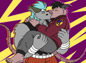 4_toes 5_fingers anthro blue_hair bottomwear carrying_another clothing duo facial_hair feet fingers fur grey_body grey_fur hair humanoid_hands kissing male male/male mustache pants shirt shorts toes topwear meowscles_(artist) brok_the_investigator celsius_strays cowcat_games dart_(brok_the_investigator) kins_(brok_the_investigator) mammal murid murine rat rodent 2026