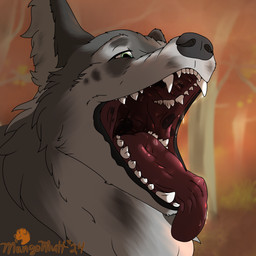 blue_eyes feral forest_background fur grey_body grey_fur male mottled mouth_shot open_mouth solo teeth_showing throat tongue tongue_out mangomutt winston_(mangomutt) canid canine mammal 1:1 absurd_res hi_res
