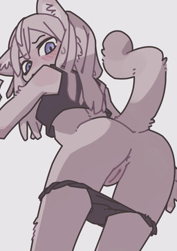 anus blue_eyes blush blush_lines butt clothed clothing female fur genitals grey_background grey_body grey_fur inner_ear_fluff partially_clothed presenting presenting_anus presenting_hindquarters presenting_vulva raised_tail shirt simple_background solo tail topwear tuft underwear underwear_down vulva third-party_edit yagi_the_goat domestic_cat felid feline felis mammal censor_removal_edit hi_res
