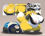 anthro big_breasts black_body blonde_hair blush breasts claws clothed clothing duo ears_up female fur hair hand_on_breast heart_eyes heart_symbol looking_at_breasts lying morbidly_obese nipples obese overweight raised_tail simple_background smile standing tail thick_thighs torn_clothing transformation white_body yellow_body gillpanda bear canid canine fox giant_panda mammal 2013 digital_media_(artwork) signature