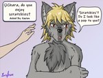 anthro blonde_hair breasts chest_tuft collar dialogue duo female fur grey_body grey_fur hair petting predators red_eyes rune scar solo_focus text tuft farfener links the_auroran_archives chara_(links) shiyan_(links) canid canine canis coyote mammal wolf 4:3 colored english_text hi_res