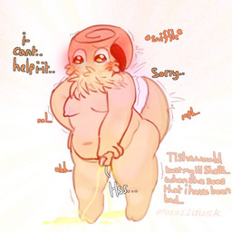 balls belly bodily_fluids breasts chest_tuft crying dialogue for_a_head genital_fluids genitals gynomorph intersex knot overweight overweight_gynomorph overweight_intersex peeing penis slightly_chubby small_penis tail tears text tuft urine wetting fossildusk blushcrunch_studio dandy's_world roblox shelly_(dandy's_world) object_head 1:1 english_text hi_res trans_(lore) trans_woman_(lore)