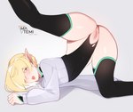 anus biped blonde_hair bodily_fluids clitoris clothed clothing elf female fingers genitals hair hi_res humanoid humanoid_pointy_ears matemi not_furry open_mouth pussy solo sweat sweaty_legs sweaty_thighs