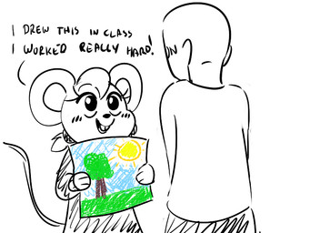 age_difference anthro bald blush dialogue drawing_(object) drawing_in_a_drawing duo eyelashes female hair male plant smile sun text tree younger_female sheetstane try_to_date_animals anon mousey_(ttda) human mammal mouse murid murine rodent 4:3 english_text