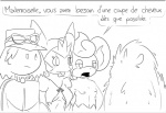 2015 anthro anthrofied black_and_white breasts buckteeth calem_(pokemon) clothing colliefleur dialogue elpatrixf female flammin'go french_text furfrou generation_5_pokemon generation_6_pokemon group hat headgear headwear human male mammal marissa monochrome nintendo open_mouth pansear pokemon pokemon_(species) pokemorph primate quilladin rodent simple_background teeth text translated white_background