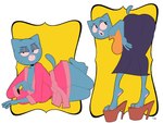4_fingers 4_toes abstract_background anthro arm_support arms_bent barefoot bathrobe bedroom_eyes bent_over big_breasts big_butt big_eyes big_feet biped black_eyebrows black_eyes black_markings blue_body blue_ears blue_fur blue_tail bottomwear breasts brown_clothing brown_footwear brown_high_heels brown_sandals butt closed_smile clothed clothed_anthro clothed_female clothing curved_eyebrows eyebrows eyelashes facial_markings feet female fingers footwear fully_clothed fully_clothed_anthro fully_clothed_female fur gesture glistening glistening_eyelids glistening_eyes half-closed_eyes hand_gesture hand_on_leg hand_on_own_leg head_markings head_turned high_heeled_sandals high_heels humanoid_hands iris leaning_on_elbow legs_together light_body light_fur long_eyelashes looking_at_viewer looking_back lying markings mature_anthro mature_female monotone_tail mouth_closed multiple_outfits multiple_poses muzzle_(marking) narrowed_eyes no_pupils on_side open_mouth pawpads pink_bathrobe pink_clothing pink_nose pink_pawpads pink_robe plantigrade pointy_ears pose prick_ears purple_bottomwear purple_clothing purple_skirt raised_finger raised_heel raised_index_finger robe round_eyes round_head sandals seductive shoes skirt smile smiling_at_viewer snout solo standing sweater tail thick_thighs tight_clothing toes topwear whisker_markings white_markings wide_eyed yellow_clothing yellow_sweater yellow_topwear coekj_(artist) cartoon_network the_amazing_world_of_gumball mary_senicourt domestic_cat felid feline felis mammal 2025 digital_drawing_(artwork) digital_media_(artwork) hi_res