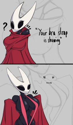 anthro big_breasts black_body breasts clothed clothing dialogue female glistening glistening_body monotone_body no_pupils one-piece_swimsuit red_clothing sling_bikini solo swimwear text white_head wide_hips azura_inalis hollow_knight_(franchise) team_cherry hornet_(hollow_knight) arthropod absurd_res english_text hi_res