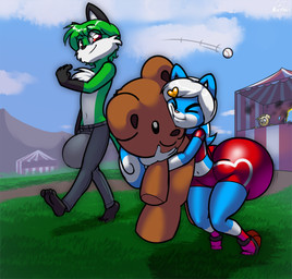 anthro ball baseball_(ball) big_bulge big_butt bottomwear bulge butt clothing duo_focus eyes_closed female gloves_(marking) green_hair group hair huge_butt loli male markings multicolored_body pants plushie red_eyes shirt shorts shota teddy_bear topwear trio two_tone_body white_hair young young_anthro young_female young_male norithics faux_filot gwen_mason canid canine canis domestic_dog fox mammal mephitid skunk