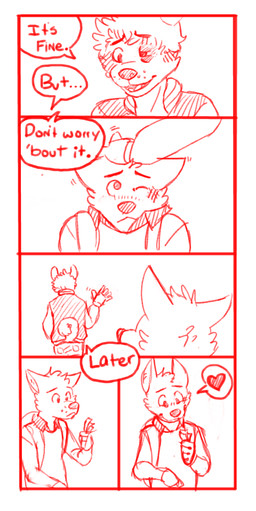 anthro backpack border bruised bruised_eye bruised_face dialogue duo headpat heart_symbol male text wave white_border p_rindustries dexter_(p_rindustries) kevin_(p_rindustries) canid canine mammal comic english_text