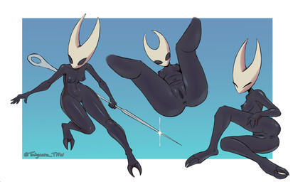 action_pose anthro anus black_anus black_body black_breasts black_nipples black_vulva blue_background breasts butt female genitals gesture legs_up lying multiple_poses nipples on_back on_side pose presenting presenting_hindquarters presenting_vulva simple_background solo spread_legs spreading suggestive suggestive_gesture vulva weapon tai-the-maned-wolf hollow_knight_(franchise) team_cherry hornet_(hollow_knight) arthropod hi_res pinup