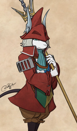 anthro blue_eyes clothed clothing coat female fur hair hat headgear headwear looking_at_viewer melee_weapon polearm red_clothing red_coat red_hat red_headwear red_topwear simple_background solo spear standing topwear weapon white_body white_fur white_hair blokfort final_fantasy final_fantasy_ix square_enix freya_crescent burmecian mammal murid murine rat rodent 2025 absurd_res hi_res
