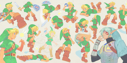 action_pose beverage blonde_hair boots bottle clothing container footwear green_clothing green_hat green_headwear hair hat headgear headwear humanoid_pointy_ears light_body light_skin male melee_weapon milk multiple_poses not_furry pointy_ears pointy_hat pose shield shirt shoes simple_background sword topwear tunic weapon uzucake nintendo ocarina_of_time the_legend_of_zelda link navi young_link elf fairy humanoid hylian hi_res
