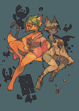 3_toes 5_fingers anthro asian_clothing black_body black_fur black_hair blue_background blush clothed clothing duo east_asian_clothing feet female fingers fur green_hair hair japanese_clothing kemono kimono looking_at_viewer open_mouth open_smile orange_body orange_fur red_eyes simple_background sitting smile snout toes idkuroi domestic_cat felid feline felis mammal 2015