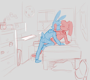 anthro bed blush clock computer cupping_cheek duo electronics eyes_closed female freckles furniture kissing leaning leaning_backward male post-it_note shoulderless_topwear simple_background sitting agidyne cup_noodles rose_(agidyne) stephen_(agidyne) lagomorph mammal hi_res monochrome sketch cousins_(lore) incest_(lore)