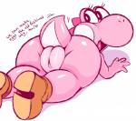 anthro big_pussy bodily_fluids butt butt_focus clothing female footwear genital_fluids genitals heart_symbol looking_back mostly_nude pink_body pink_skin plump_labia pussy shaking_butt shoes simple_background solo text thick_thighs vaginal_fluids white_background conditional_dnp exed_eyes mario_bros nintendo pink_yoshi reptile scalie yoshi 2017 english_text hi_res