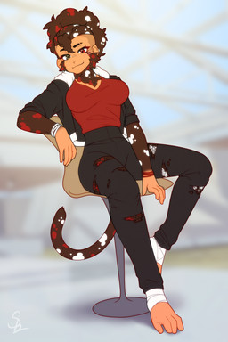 anthro chair clothed clothing female furniture jacket looking_at_viewer on_chair sitting sitting_on_chair solo topwear torn_clothing nariikhan haplorhine mammal monkey primate hi_res